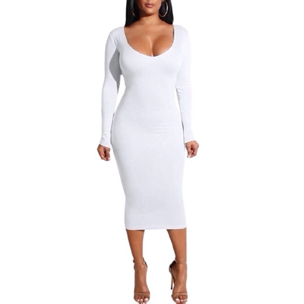 🚨SOLD🚨Winter White Classic Peekaboo Midi Dress - Picture 1 of 5